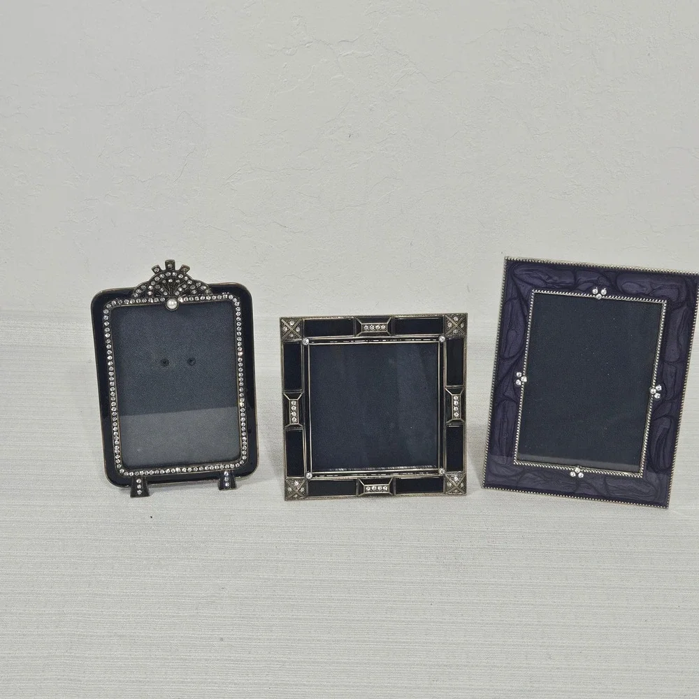 MCM Retro Ornate Picture Frame Set 3pc Art Deco Rhinestone Enamel Black Purple